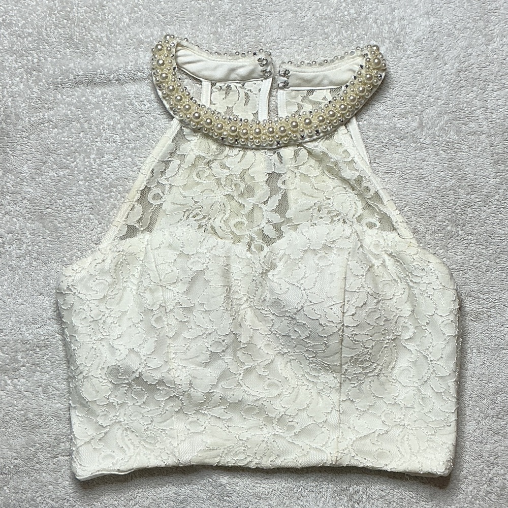 Xhilaration Ivory Lace Pearl-Trim Halter Crop Top